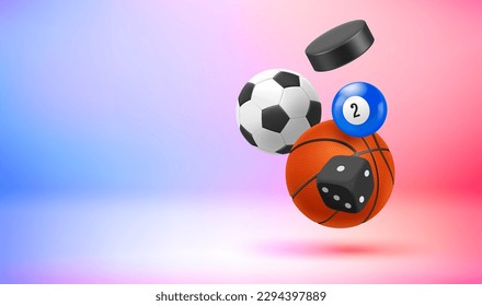 Concepto de juegos deportivos con inventario. Banner vectorial 3d con espacio de copia
