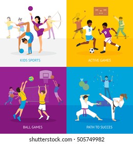 Sport games concept with various activities for children and adults in flat style vector illustration
