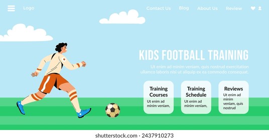 Sport games and entertainment, sportive lifestyle or hobbies. Kids football training. Sportsman in uniform on field practicing. Website landing page template, internet site. Vector in flat style