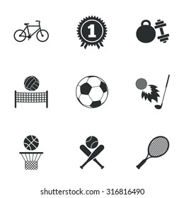 Sport games, fitness icons. Football, basketball and tennis signs. Golf, bike and winner medal symbols. Flat icons on white. Vector