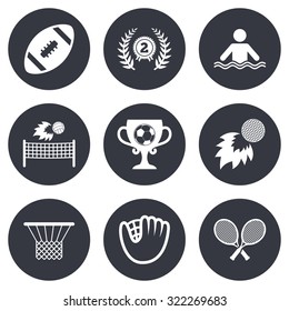 Sport games, fitness icons. Football, golf and baseball signs. Swimming, rugby and winner medal symbols. Gray flat circle buttons. Vector