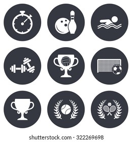 Sport games, fitness icons. Football, tennis and volleyball signs. Swimming, timer and bowling symbols. Gray flat circle buttons. Vector