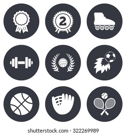 Sport games, fitness icons. Football, basketball and volleyball signs. Dumbbell, baseball and winner award symbols. Gray flat circle buttons. Vector