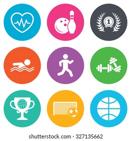 Sport games, fitness icons. Football, basketball and bowling signs. Swimming, runner and winner award symbols. Flat circle buttons. Vector