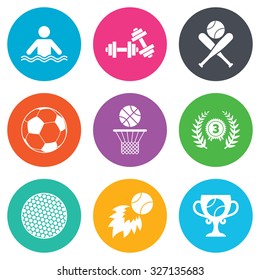 Sport games, fitness icons. Football, basketball and baseball signs. Swimming, fireball and winner cup symbols. Flat circle buttons. Vector