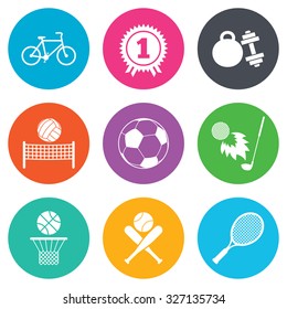Sport games, fitness icons. Football, basketball and tennis signs. Golf, bike and winner medal symbols. Flat circle buttons. Vector