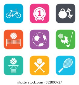 Sport games, fitness icons. Football, basketball and tennis signs. Golf, bike and winner medal symbols. Flat square buttons. Vector