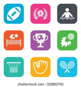 Sport games, fitness icons. Football, golf and baseball signs. Swimming, rugby and winner medal symbols. Flat square buttons. Vector