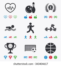 Sport games, fitness icons. Football, basketball and bowling signs. Swimming, runner and winner award symbols. Flat black, red, blue and green icons.