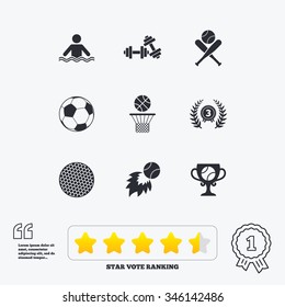 Sport games, fitness icons. Football, basketball and baseball signs. Swimming, fireball and winner cup symbols. Star vote ranking. Award achievement and quotes.