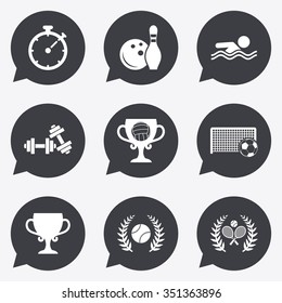 Sport games, fitness icons. Football, tennis and volleyball signs. Swimming, timer and bowling symbols. Flat icons in speech bubble pointers.