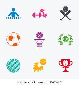 Sport games, fitness icons. Football, basketball and baseball signs. Swimming, fireball and winner cup symbols. Flat colored graphic icons.