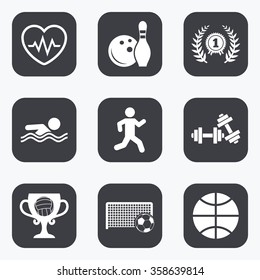 Sport games, fitness icons. Football, basketball and bowling signs. Swimming, runner and winner award symbols. Flat square buttons with rounded corners.