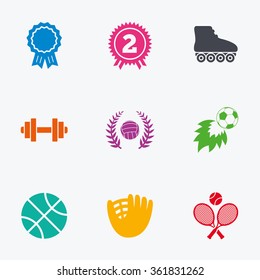 Sport games, fitness icons. Football, basketball and volleyball signs. Dumbbell, baseball and winner award symbols. Flat colored graphic icons.