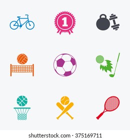 Sport games, fitness icons. Football, basketball and tennis signs. Golf, bike and winner medal symbols. Flat colored graphic icons.