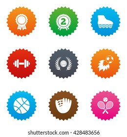Sport games, fitness icons. Football, basketball and volleyball signs. Dumbbell, baseball and winner award symbols. Stars label button with flat icons. Vector