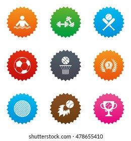 Sport games, fitness icons. Football, basketball and baseball signs. Swimming, fireball and winner cup symbols. Stars label button with flat icons. Vector