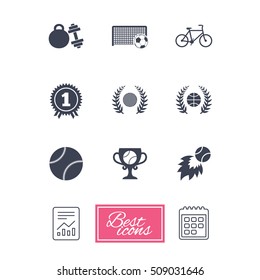 Sport games, fitness icons. Football, basketball and tennis signs. Golf, bike and winner medal symbols. Report document, calendar icons. Vector