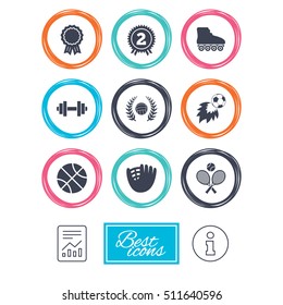 Sport games, fitness icons. Football, basketball and volleyball signs. Dumbbell, baseball and winner award symbols. Report document, information icons. Vector