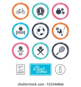 Sport games, fitness icons. Football, basketball and tennis signs. Golf, bike and winner medal symbols. Report document, information. Vector