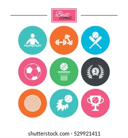 Sport games, fitness icons. Football, basketball and baseball signs. Swimming, fireball and winner cup symbols. Colorful flat buttons with icons. Vector