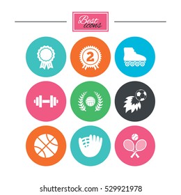 Sport games, fitness icons. Football, basketball and volleyball signs. Dumbbell, baseball and winner award symbols. Colorful flat buttons with icons. Vector