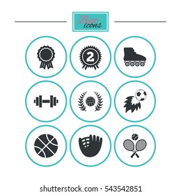 Sport games, fitness icons. Football, basketball and volleyball signs. Dumbbell, baseball and winner award symbols. Round flat buttons with icons. Vector
