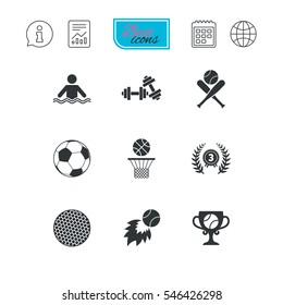 Sport games, fitness icons. Football, basketball and baseball signs. Swimming, fireball and winner cup symbols. Report document, calendar and information web icons. Vector