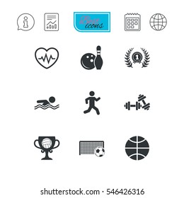 Sport games, fitness icons. Football, basketball and bowling signs. Swimming, runner and winner award symbols. Report document, calendar and information web icons. Vector