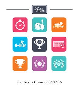 Sport games, fitness icons. Football, tennis and volleyball signs. Swimming, timer and bowling symbols. Colorful flat square buttons with icons. Vector