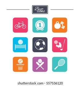 Sport games, fitness icons. Football, basketball and tennis signs. Golf, bike and winner medal symbols. Colorful flat square buttons with icons. Vector