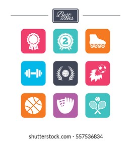 Sport games, fitness icons. Football, basketball and volleyball signs. Dumbbell, baseball and winner award symbols. Colorful flat square buttons with icons. Vector