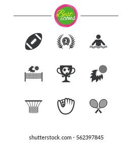 Sport games, fitness icons. Football, golf and baseball signs. Swimming, rugby and winner medal symbols. Classic simple flat icons. Vector