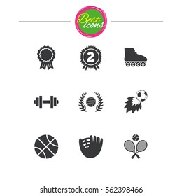 Sport games, fitness icons. Football, basketball and volleyball signs. Dumbbell, baseball and winner award symbols. Classic simple flat icons. Vector