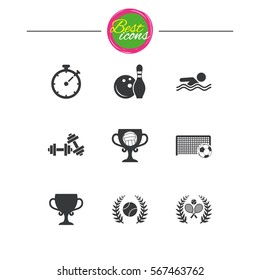 Sport games, fitness icons. Football, tennis and volleyball signs. Swimming, timer and bowling symbols. Classic simple flat icons. Vector