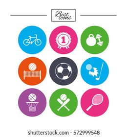 Sport games, fitness icons. Football, basketball and tennis signs. Golf, bike and winner medal symbols. Classic simple flat icons. Vector