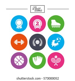 Sport games, fitness icons. Football, basketball and volleyball signs. Dumbbell, baseball and winner award symbols. Classic simple flat icons. Vector