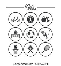 Sport games, fitness icons. Football, basketball and tennis signs. Golf, bike and winner medal symbols. Classic simple flat icons. Vector