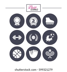 Sport games, fitness icons. Football, basketball and volleyball signs. Dumbbell, baseball and winner award symbols. Classic simple flat icons. Vector