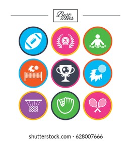 Sport games, fitness icons. Football, golf and baseball signs. Swimming, rugby and winner medal symbols. Classic simple flat icons. Vector