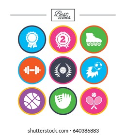 Sport games, fitness icons. Football, basketball and volleyball signs. Dumbbell, baseball and winner award symbols. Classic simple flat icons. Vector