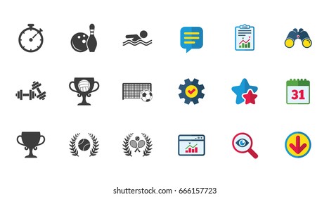 Sport games, fitness icons. Football, tennis and volleyball signs. Swimming, timer and bowling symbols. Calendar, Report and Download signs. Stars, Service and Search icons. Vector