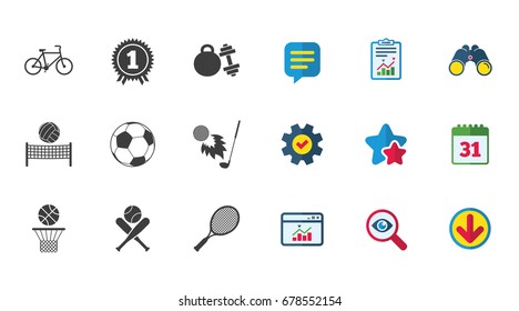 Sport games, fitness icons. Football, basketball and tennis signs. Golf, bike and winner medal symbols. Calendar, Report and Download signs. Stars, Service and Search icons. Vector