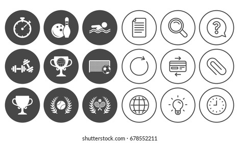 Sport games, fitness icons. Football, tennis and volleyball signs. Swimming, timer and bowling symbols. Document, Globe and Clock line signs. Lamp, Magnifier and Paper clip icons. Vector
