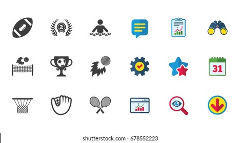 Sport games, fitness icons. Football, golf and baseball signs. Swimming, rugby and winner medal symbols. Calendar, Report and Download signs. Stars, Service and Search icons. Vector