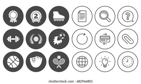 Sport games, fitness icons. Football, basketball and volleyball signs. Dumbbell, baseball and winner award symbols. Document, Globe and Clock line signs. Lamp, Magnifier and Paper clip icons. Vector