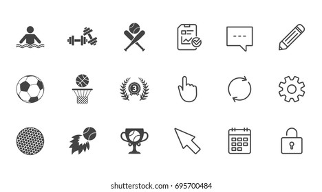 Sport games, fitness icons. Football, basketball and baseball signs. Swimming, fireball and winner cup symbols. Chat, Report and Calendar line signs. Service, Pencil and Locker icons. Vector