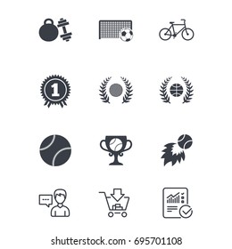 Sport games, fitness icons. Football, basketball and tennis signs. Golf, bike and winner medal symbols. Customer service, Shopping cart and Report line signs. Online shopping and Statistics. Vector