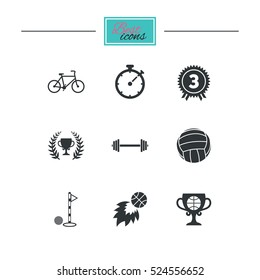 Sport games, fitness icons. Golf, basketball and volleyball signs. Timer, bike and winner cup symbols. Black flat icons. Classic design. Vector