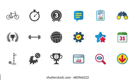 Sport games, fitness icons. Golf, basketball and volleyball signs. Timer, bike and winner cup symbols. Calendar, Report and Download signs. Stars, Service and Search icons. Vector